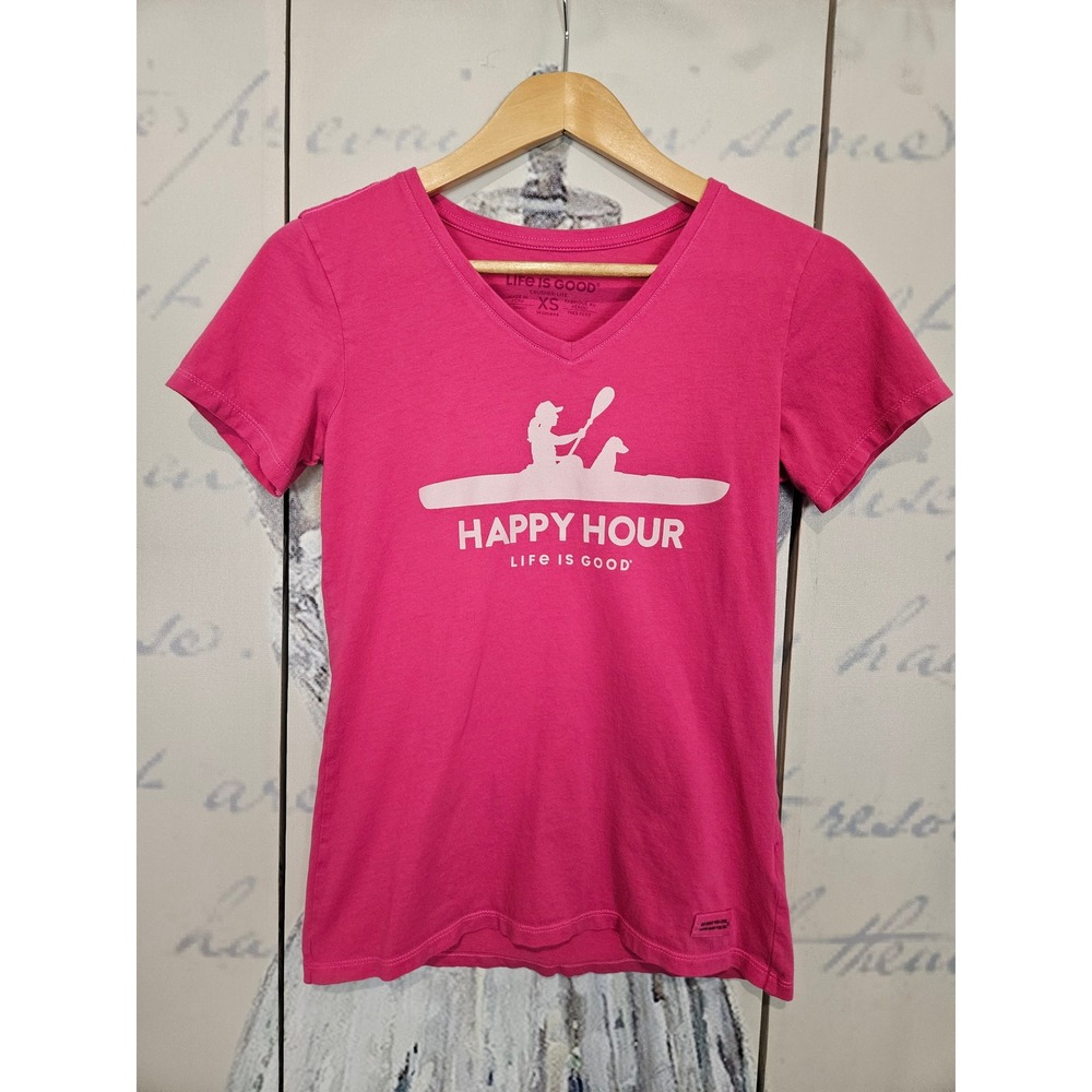 Life Is Good Graphic Tee XS Pink Happy Hour Kayak Dog Short Sleeve V-Neck Cotton